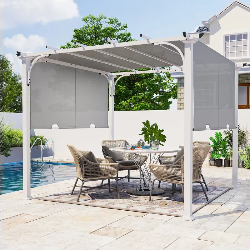 10 Ft X 10 Ft Heavy-Duty Metal Pergola With Textilene Roof Panel 2