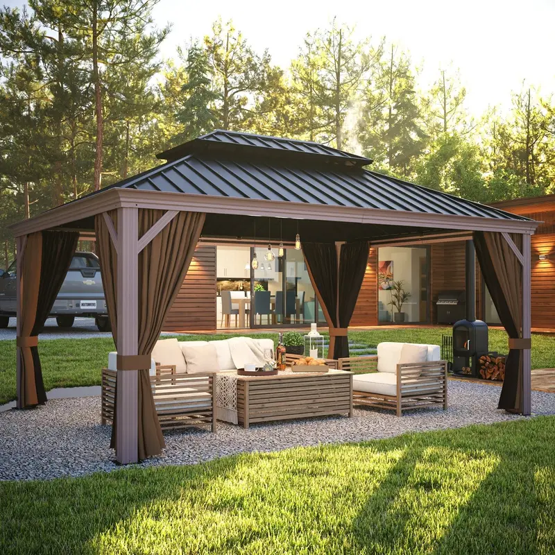 12 Ft X 16 Ft Aluminum Double-Roof Gazebo With Mosquito Netting 2