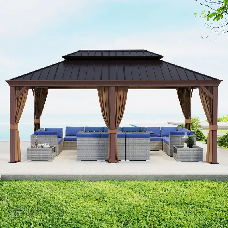 12×18 Ft Wood-Grain Aluminum Hardtop Gazebo With Galvanized Steel Roof 1
