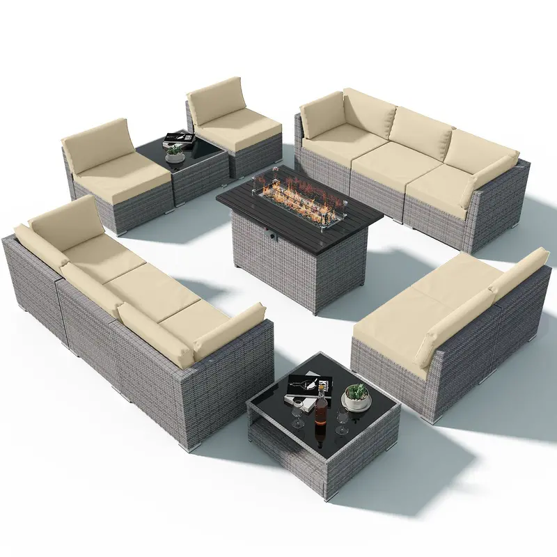 13-Piece Outdoor Wicker Set With Fire Table, Dual Coffee Tables – Seating For 10 3