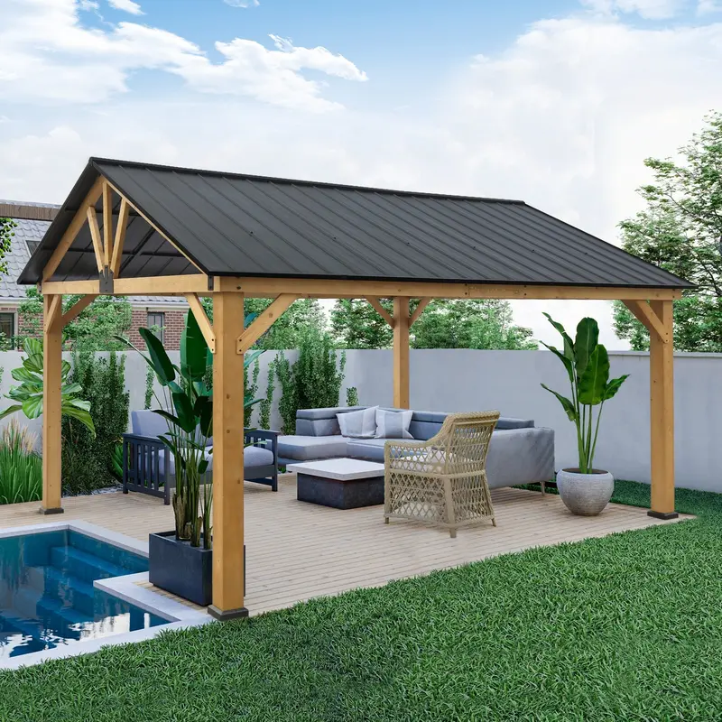 13' × 15' Hardtop Wooden Gazebo – Natural Wood Finish With Black Accents 1