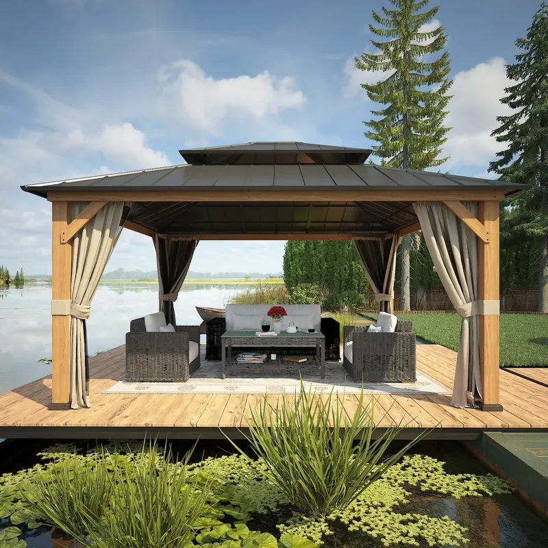 13×15 Cedar Wooden Gazebo With Mosquito Netting And Privacy Curtains 1