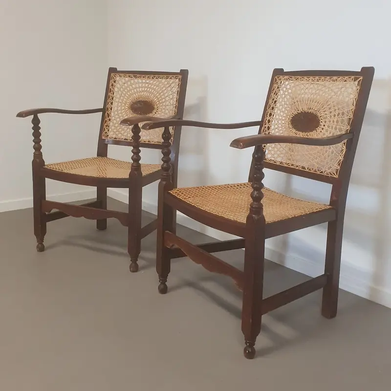 1930S Monastic-Style Webbing Armchairs With Medallion Backrests 1