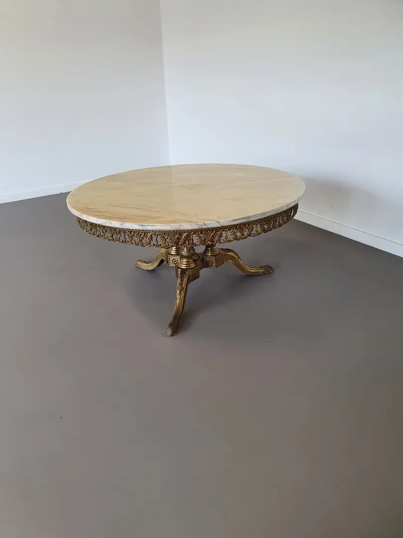 1960S Marble Coffee Table – Fire-Gilded Base With Ornate Detailing And Natural Stone Top 1