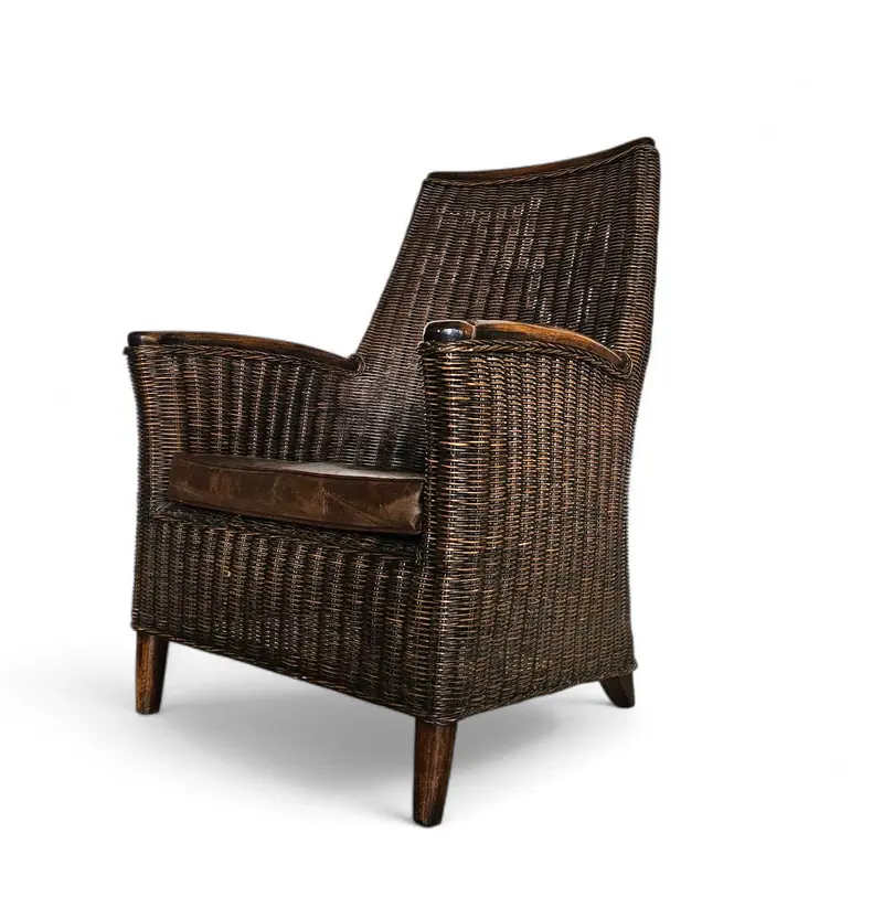 1960S Rattan Armchair With Solid Wood Arms And Leather Seat 1