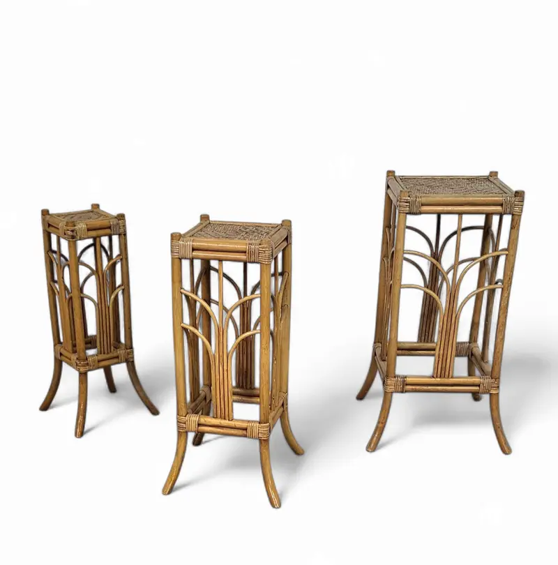 1970S Bamboo Nesting Plant Stands, Three-Tier Natural Accent Set 1