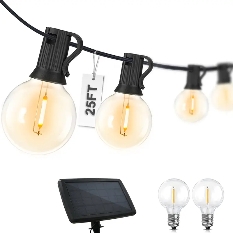 25-Foot Waterproof Solar G40 String Lights — 25 Shatterproof E12 Bulbs, 4 Lighting Modes, 2 Spares 1