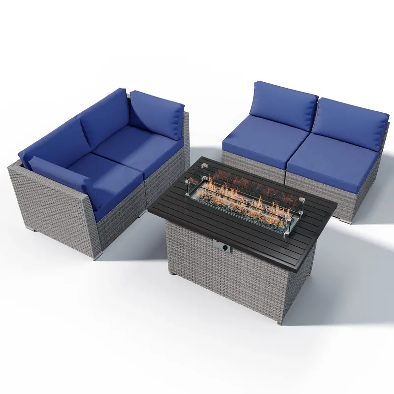 5-Piece Pe Rattan Outdoor Sectional Set With Fire Table – Seating For 4 1