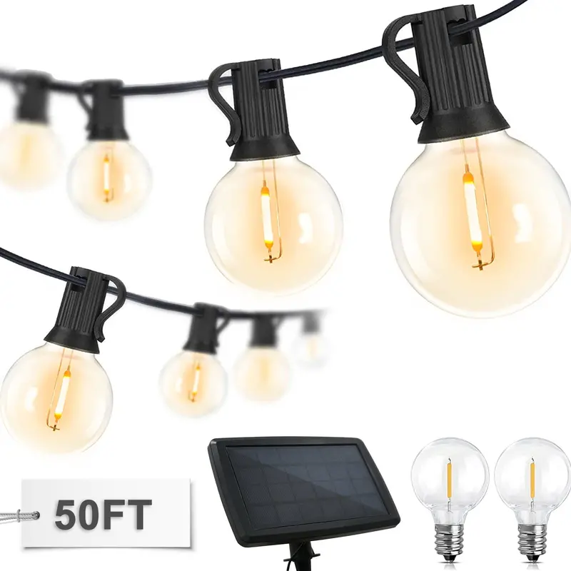 50-Foot Waterproof Solar G40 String Lights — 25 Shatterproof E12 Bulbs, 4 Modes, 2 Spares 1
