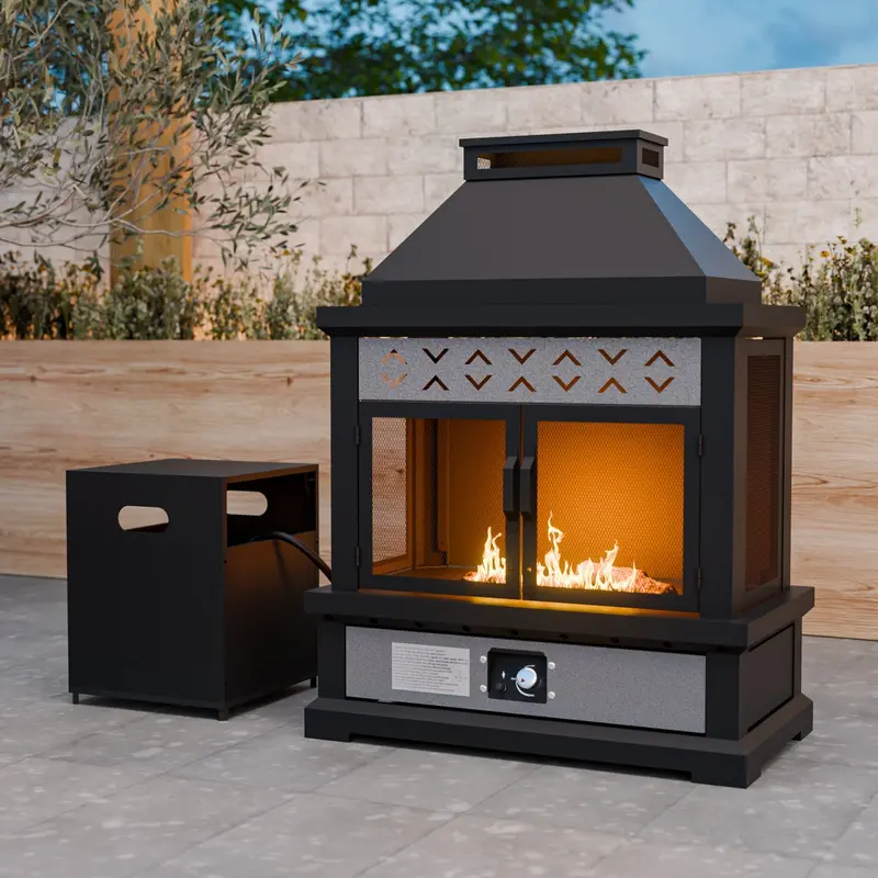 50,000 Btu Propane Outdoor Fireplace With Safety Mesh Doors 1