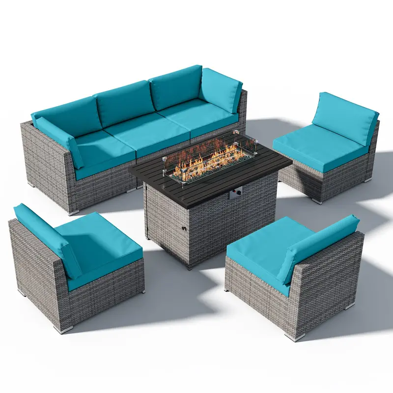 7-Piece Pe Wicker Patio Set With Fire Table – Seating For 6 2