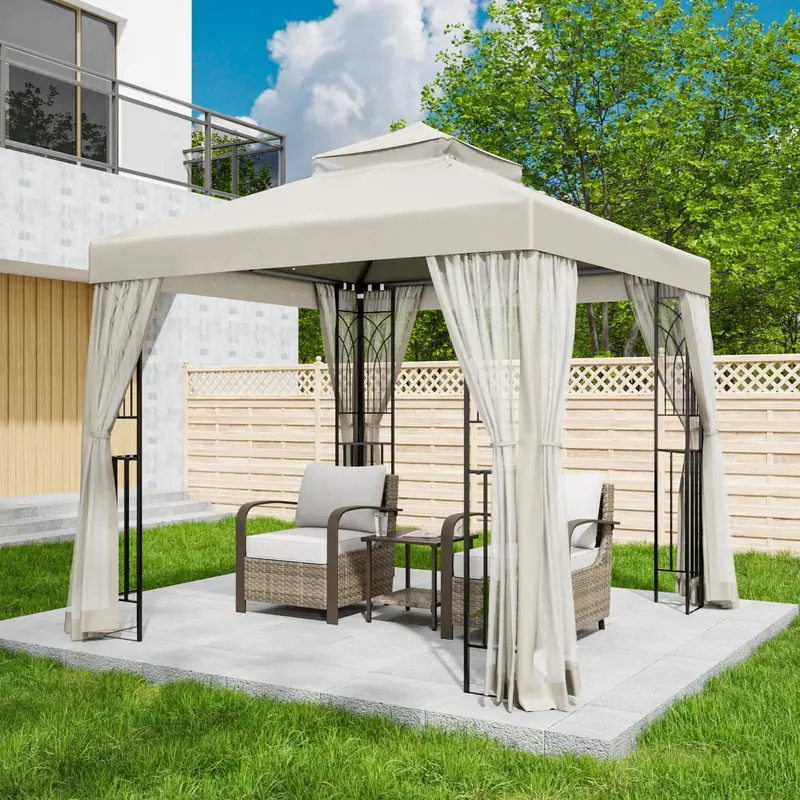 8' X 8' Double-Roof Patio Gazebo With Mesh Enclosure & Corner Storage Shelves 1