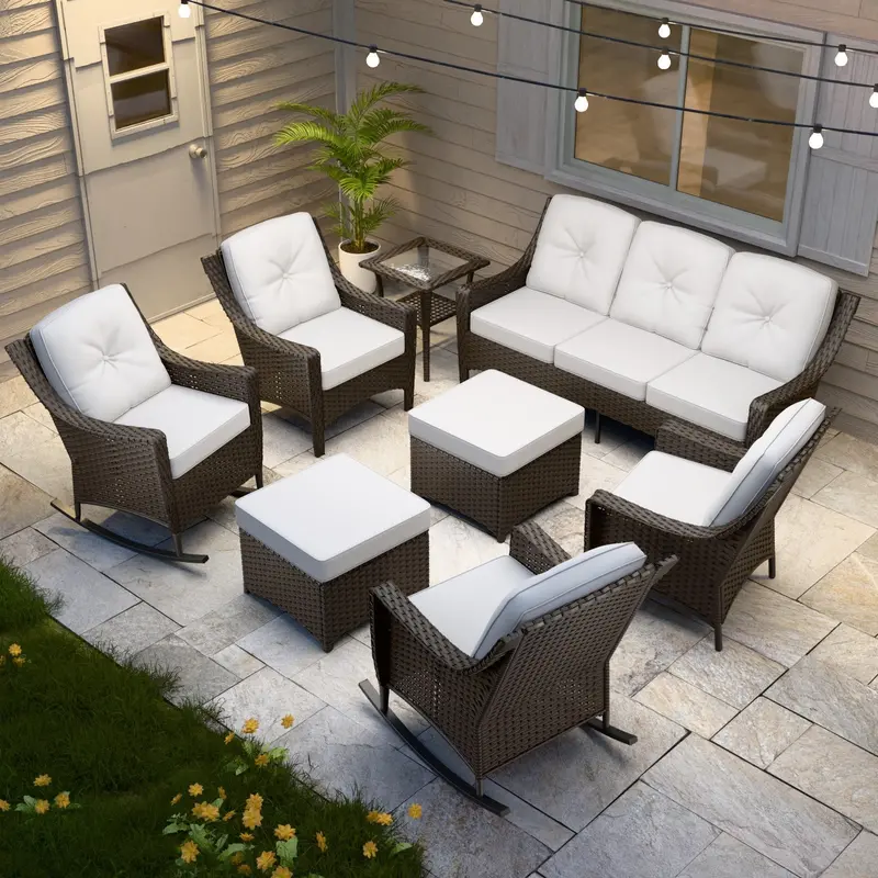 Azure Bay 8-Piece Wicker Outdoor Set Featuring Rocking Chairs 1