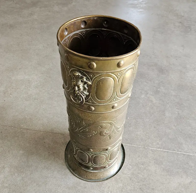 Brass Hall Stick Stand With Integrated Water Bucket — Elegant Victorian-Era Umbrella Holder 1