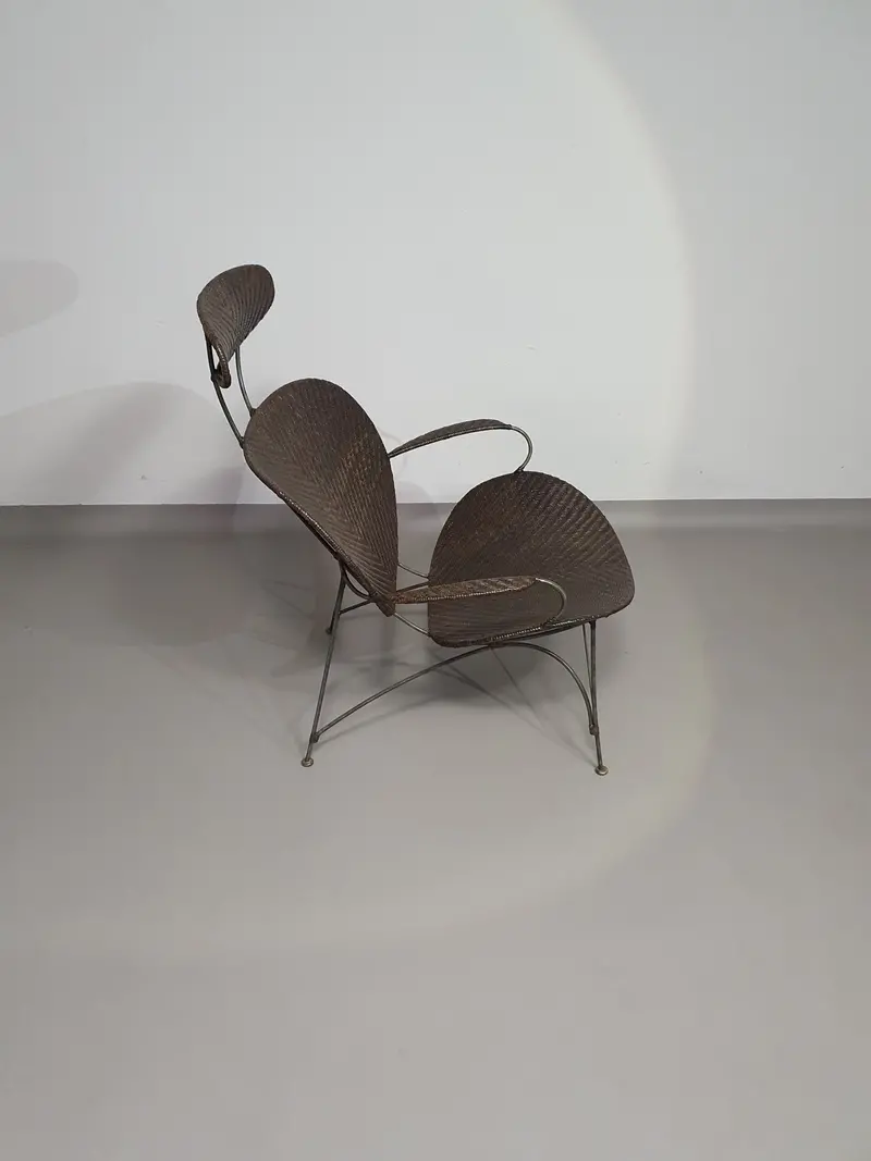 Brown Rattan-And-Metal Lounge Chair By Yuzuru Yamakawa, 1980S 1