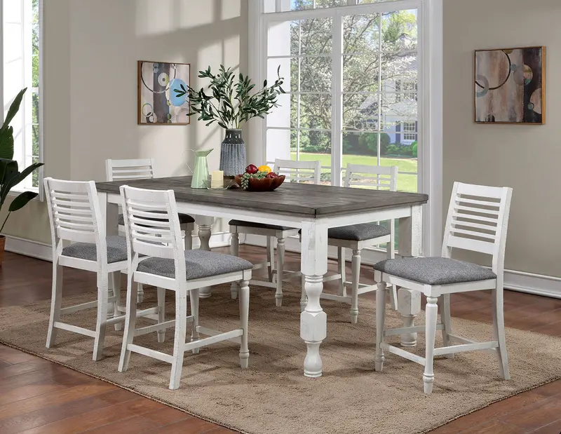Calabria 7-Piece Counter-Height Dining Set By Furniture Of America – Elegant Table & Upholstered Seating 1