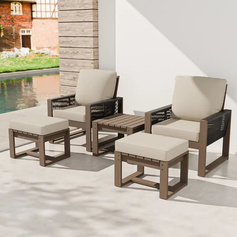 Cedar Wood 5-Piece Outdoor Furniture Set – Chairs, Ottomans & Center Table 1