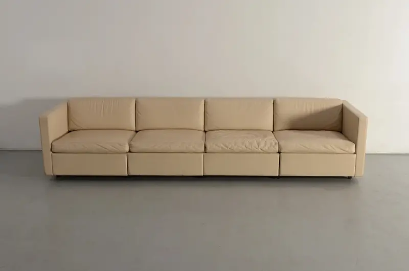 Charles Pfister For Knoll Mid-Century White Leather Sofa With Four Cube Club Chairs 1