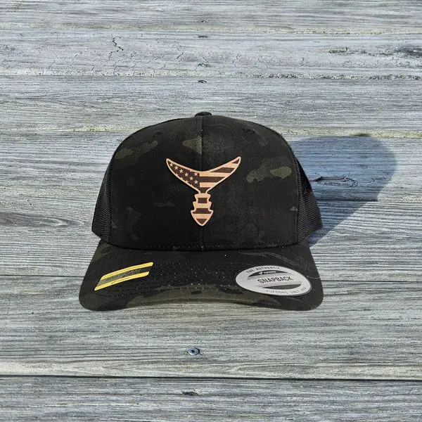 Chasing Tail Black/Multi-Cam Snapback Hat Featuring Premium American Leather 1