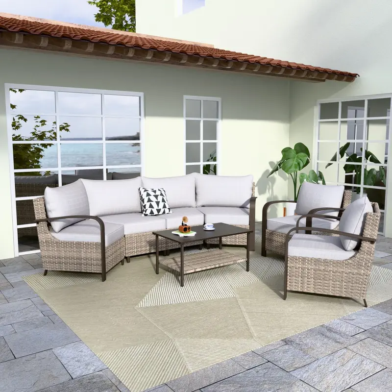 Coastal Vista Patio Furniture Set – Curved Sectionals, Coffee Table & Chairs 1