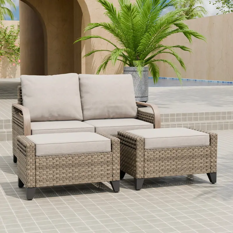 Contemporary Wicker Patio Set: 2-Seat Loveseat + Dual Ottomans 1