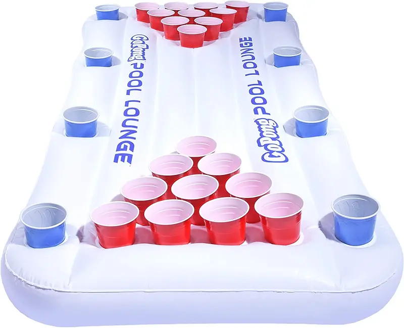 Gopong White Inflatable Pool Lounge With Integrated Beer Pong Setup 1