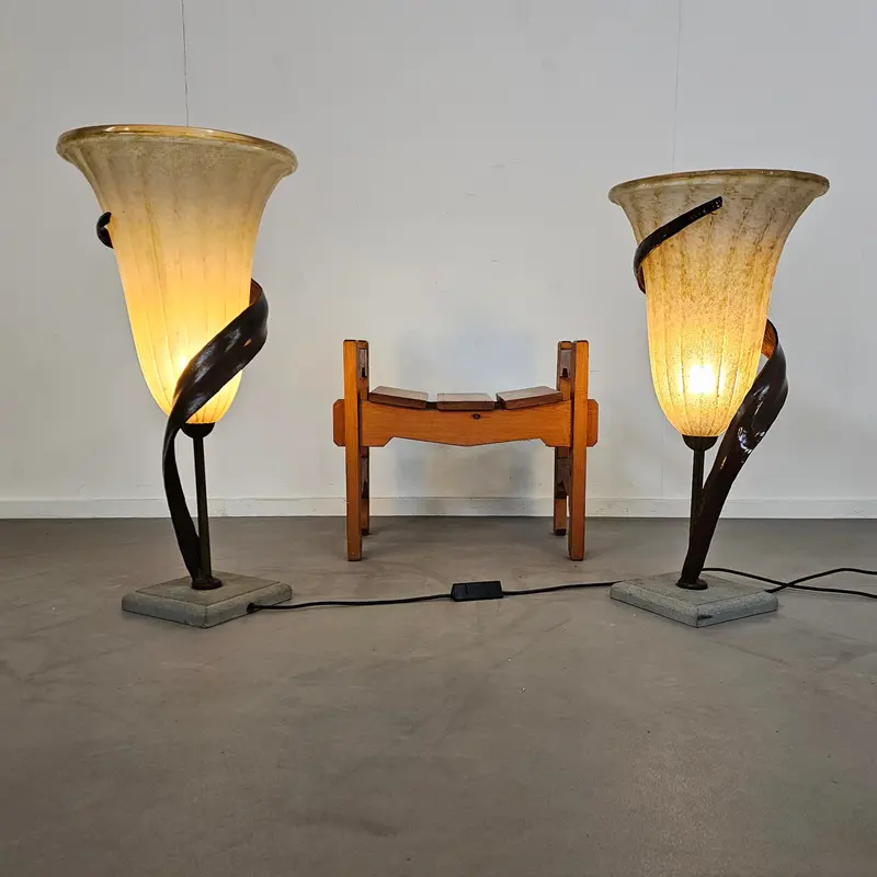 Large Jugendstil Floor Or Table Lamp By Roberto Galli — Stone Base With Handcrafted Italian Glass Shade 1