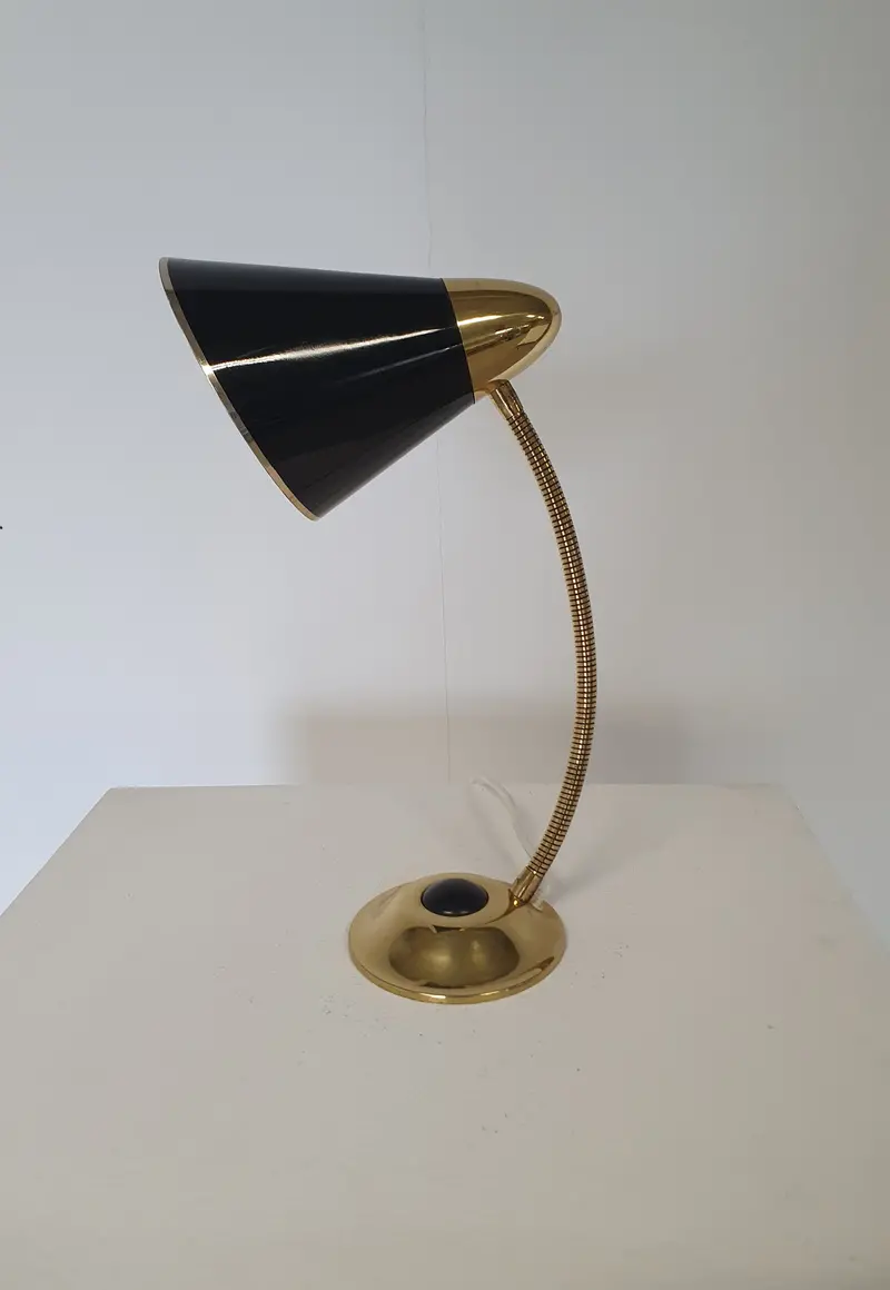 Mid-Century Brass Table Lamp With Oversized Button Base 1