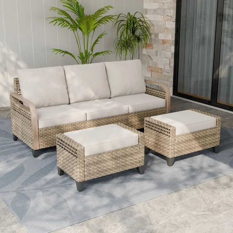 Modern Wicker 3-Piece Outdoor Set: Loveseat + Two Ottomans 1