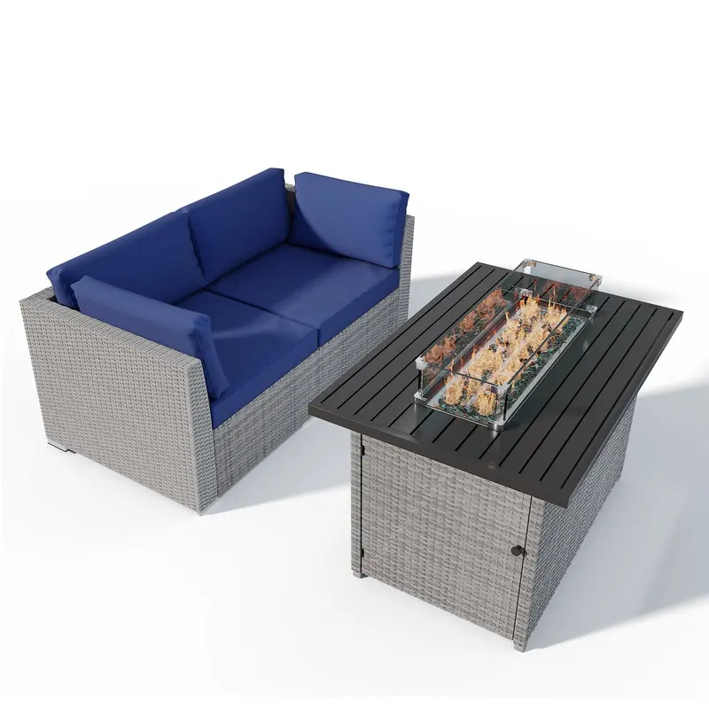 Modular Outdoor Wicker Loveseat Sectional With Fire Pit Table & Washable Cushions 1