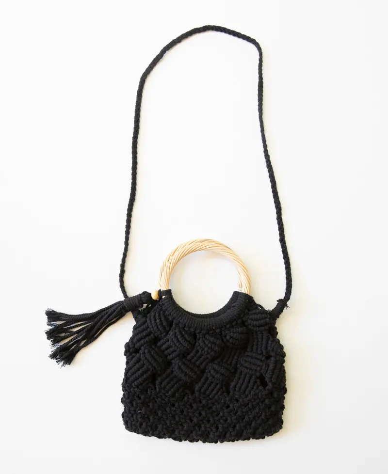 Natural Rope And Wooden Bag Tassel In Black 1