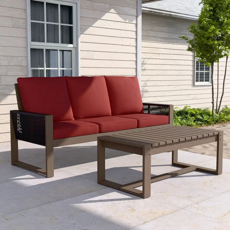 Natural Wicker Outdoor Patio Sofa And Coffee Table Set – 2-Piece Ensemble 2