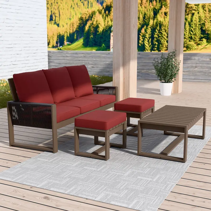 Natural Wood 4-Piece Living Area Set – Sofa, Two Ottomans, Coffee Table 1