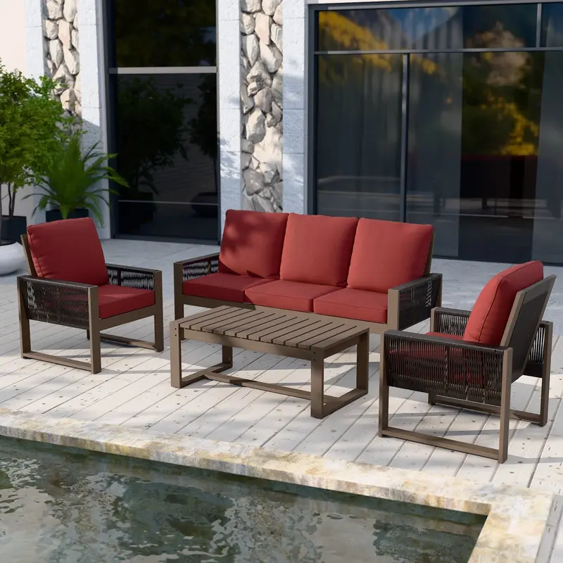 Natural Wood 4-Piece Outdoor Patio Furniture Set – Sofa, Two Chairs, Coffee Table 2