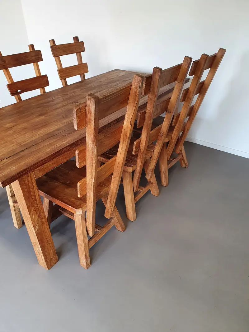 Olm Wood Brutalist Dining Set: Table + Six Wabi-Sabi Chairs 1