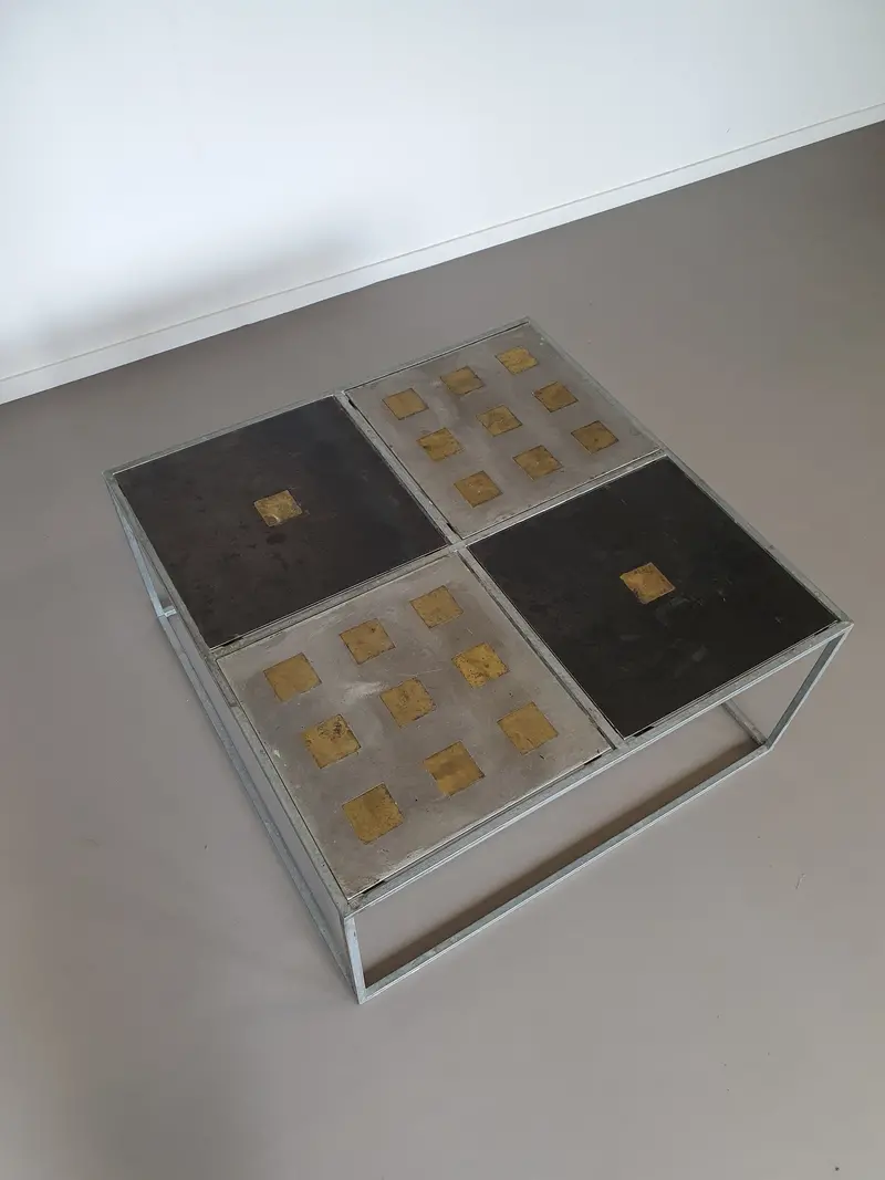 One-Of-A-Kind Brutalist Coffee Table — Mixed-Metal Top (Aluminum, Copper, Steel), 1980S 1