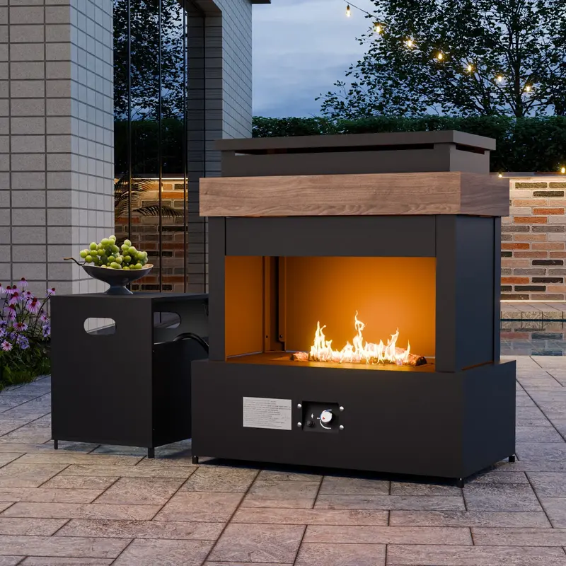 Outdoor Propane Fireplace With Integrated Storage Compartment – Matte Gray Design 1