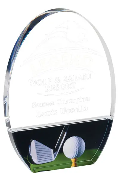 Oval Acrylic Award Featuring Golf Club And Ball Design 1