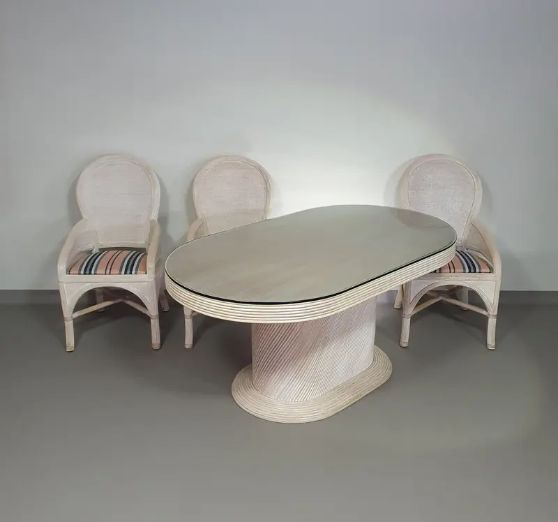 Pensil Reed Dining Set – Table And Three Matching Chairs, Natural Rattan Aesthetic 1
