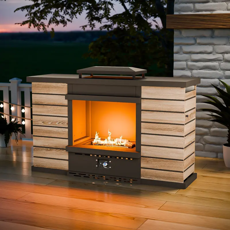 Propane-Powered Outdoor Fireplace With Hidden Storage And Adjustable Flame Control – Gray/Tan Finish 1