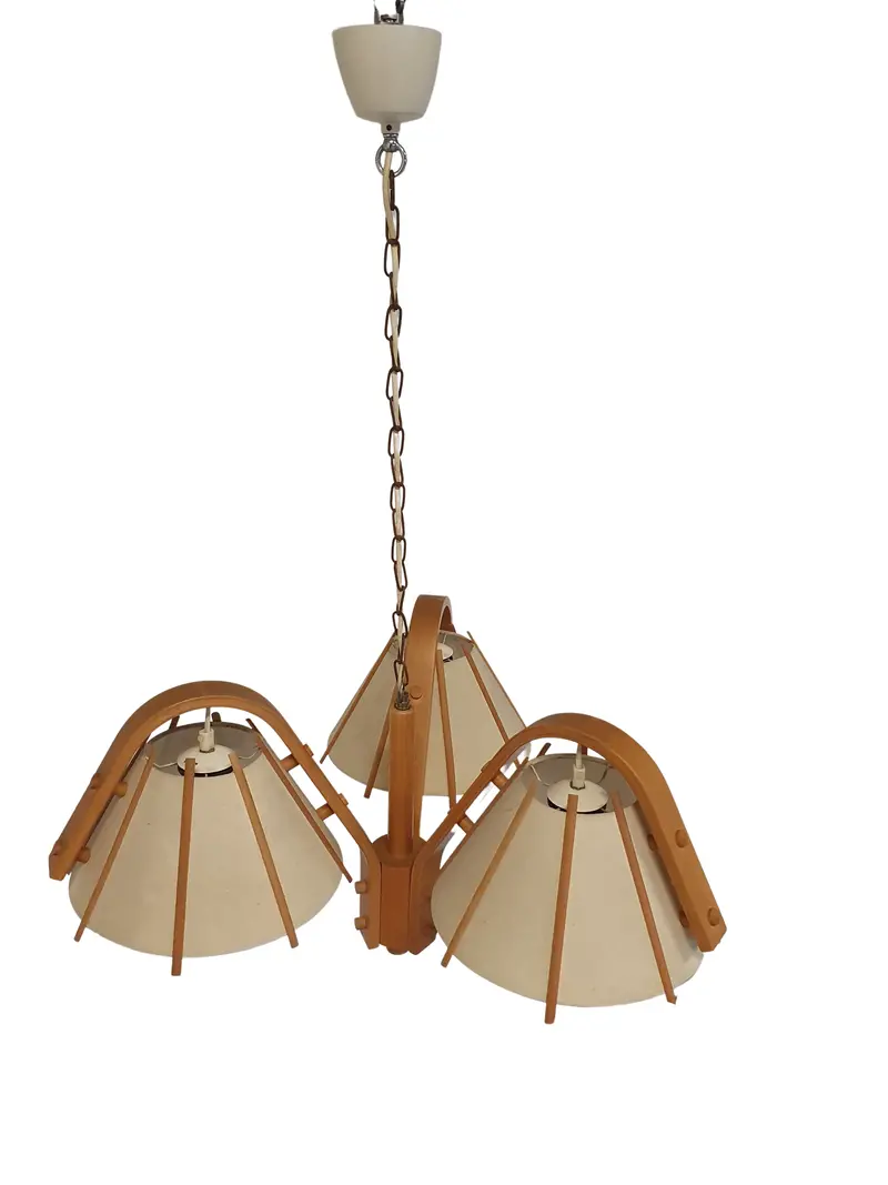 Rare Three-Arm Ceiling Pendant By Jan Wickelgren & M. Strandang — Bent Beech & Fabric, Sweden, 1970S (67 Cm W × 40 Cm H) 1