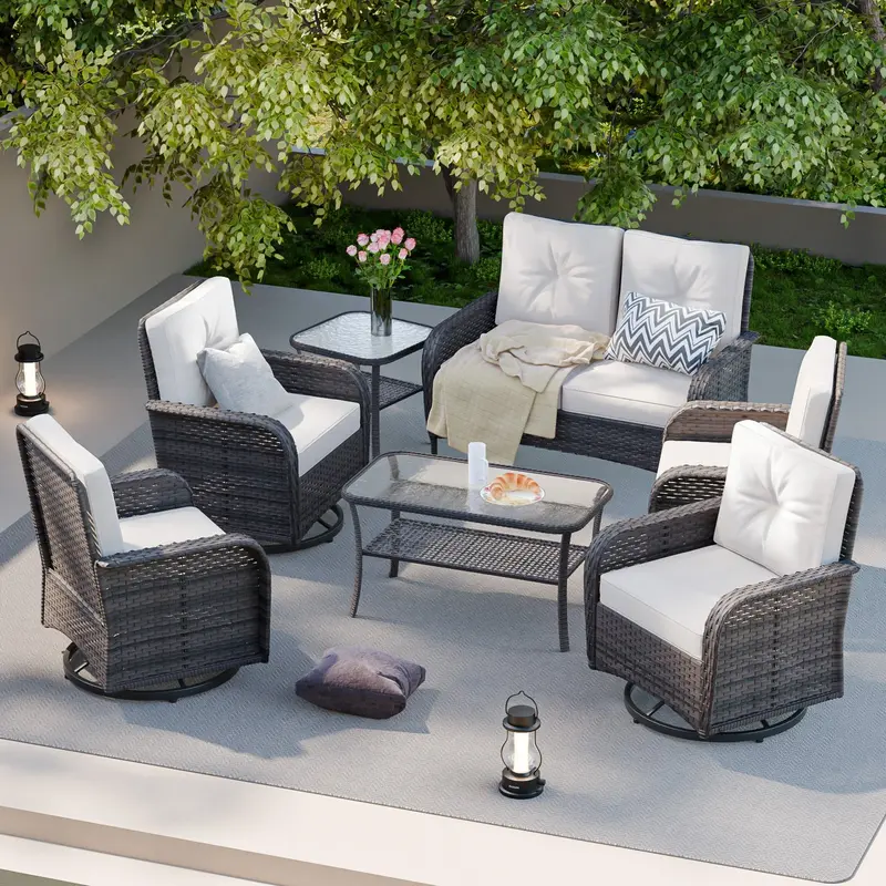 Rustic 7-Piece Veranda Patio Conversation Set – Loveseat, Four Swivel Rocker Chairs, Coffee & Side Tables (Gray/Beige) 1