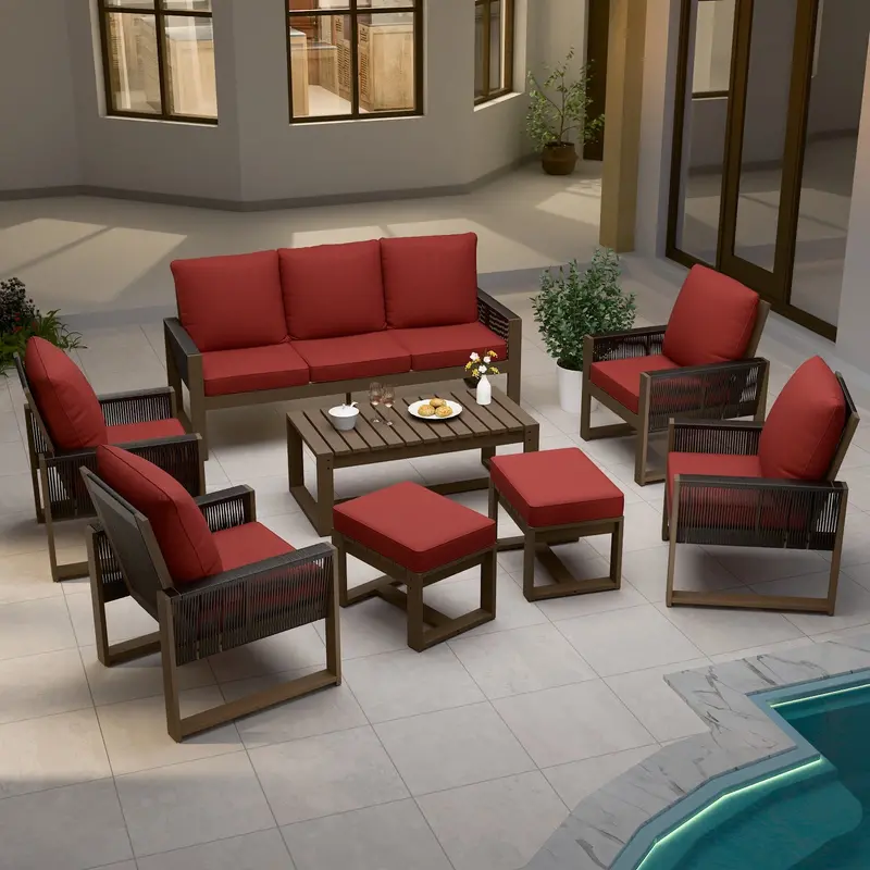 Rustic Natural Wood Outdoor Patio Set: Sofa, 4 Chairs, 2 Ottomans, Coffee Table (8-Piece) 1