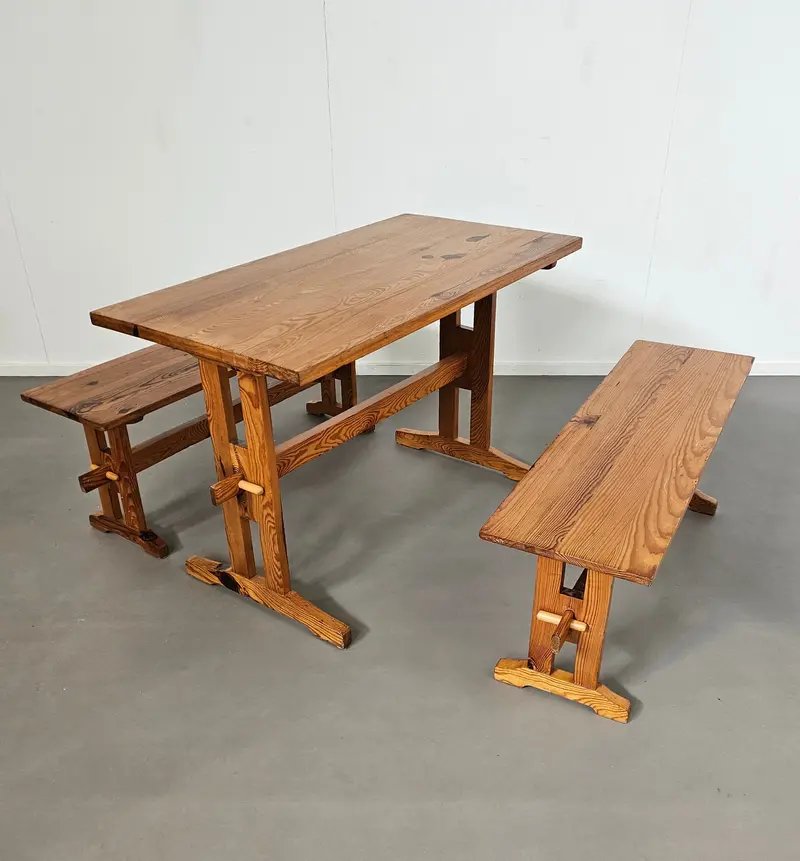 Scandinavian Solid Pine Dining Set — Bench And Table, Mid-Century Modern, 1970S 1