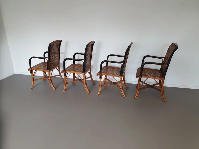 Set Of Four 1960S Rattan And Bamboo Dining Chairs – Organic Mid-Century Dining Ensemble 1