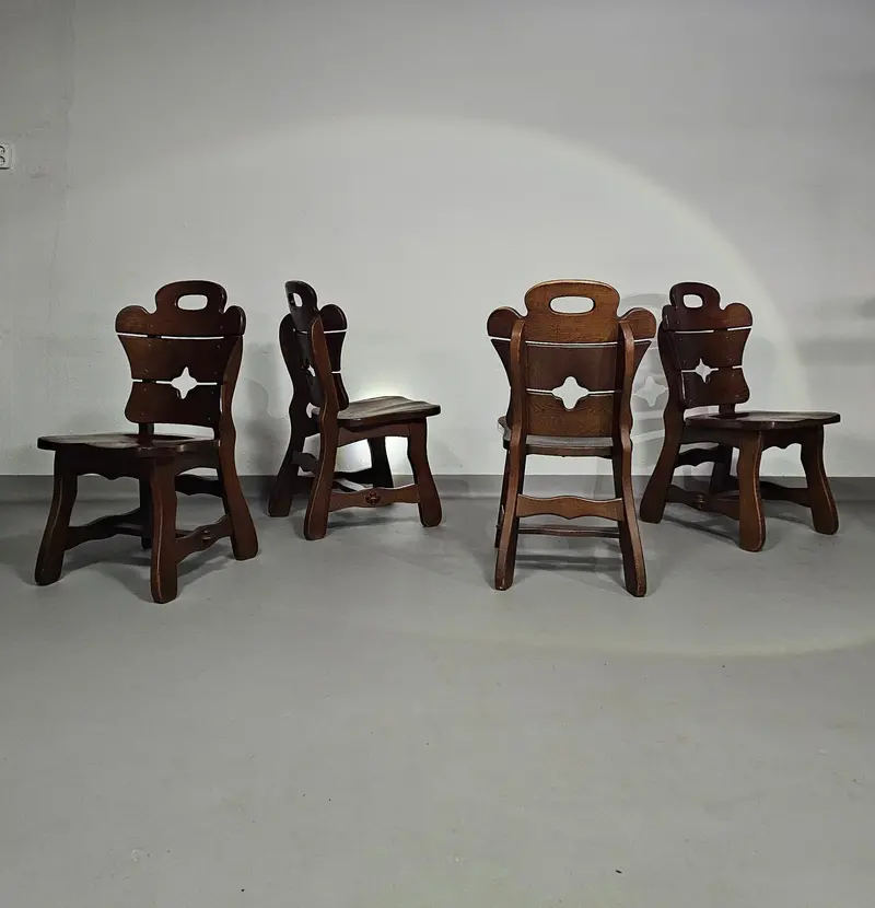 Set Of Four Brutalist Oak Dining Chairs — Expressive Mid-Century Sculptural Seating 1
