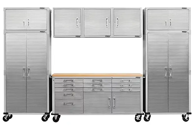 Seville Classics Ultrahd 8-Piece Garage Storage System With Rolling Workbench – 12 Ft Total Width 1