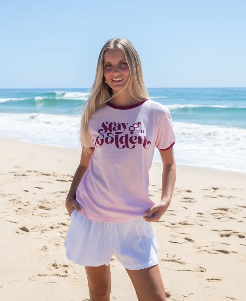 Stay Golden Baby Pink And Plum Ringer Tee 1