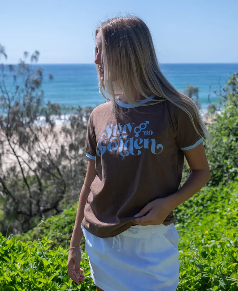 Stay Golden Espresso And Finch Ringer Tee 1