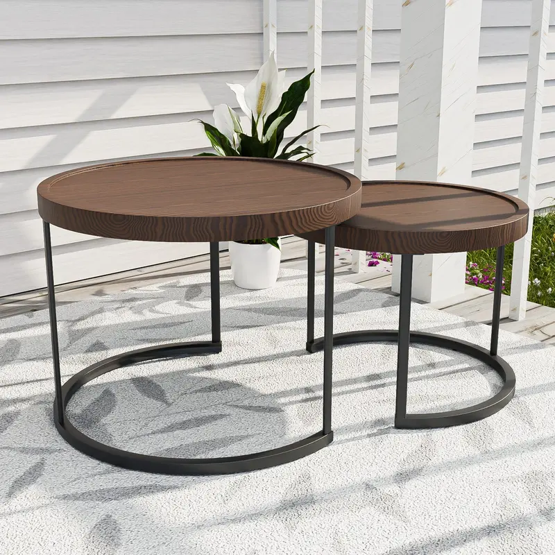 Sunset Dune Modern Round Nesting Coffee Tables – Outdoor Set Of Two, Brown Finish 1